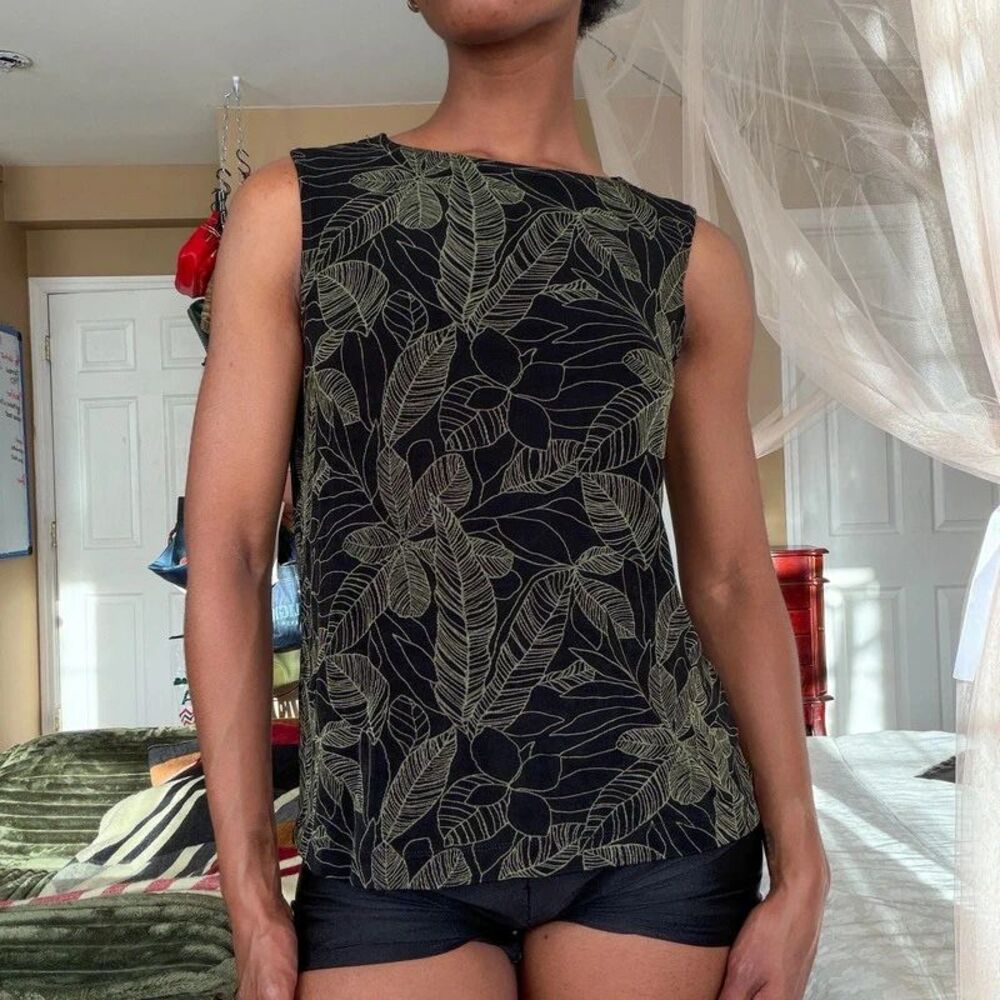 Linden Hill Green Black Leaf Print Sleeveless Blouse (Size: M)